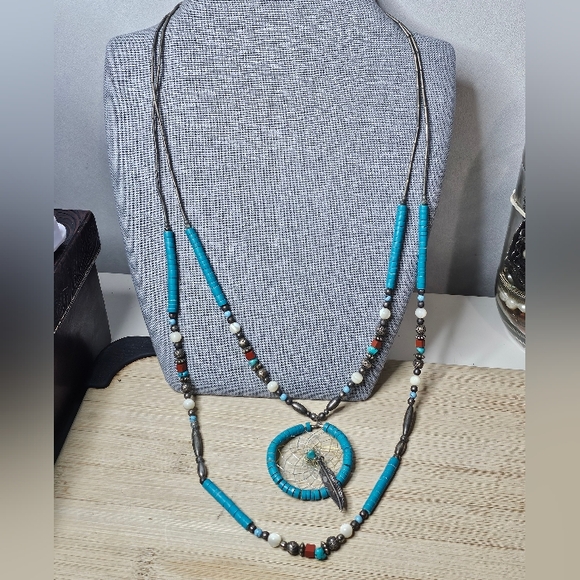 Vintage Native American 925 Turquoise Beaded multi strand Necklace - Picture 3 of 8